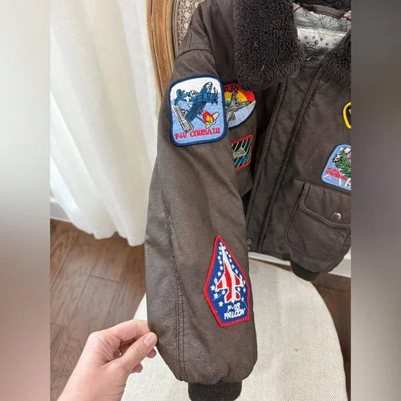 Boy’s Brown Bomber Jacket with Patches Aviator 6-8 - Picture 2 of 6